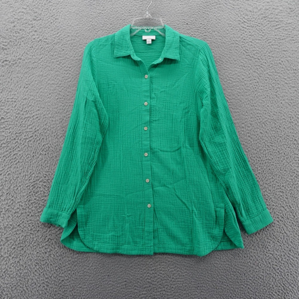 J Jill Long Sleeve Gauze Button Down Shirt XS Kelly Green Womens Cotton